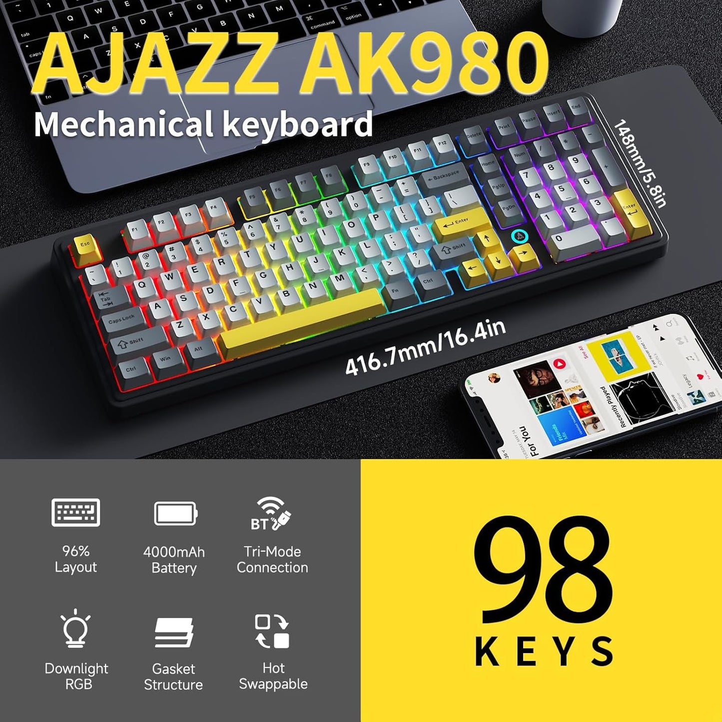 NACODEX Ajazz AK980 Grey Yellow Wireless Mechanical Gaming Keyboard,Tri-Mode BT5.0/2.4GHz/USB-C Hot Swappable Custom Keyboard RGB Backlit Computer Gaming Keyboards for PC/Tablet/PS/Xbox