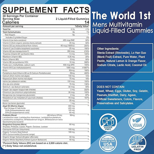 (2 Pack) Multivitamin for Men, Daily Mens Multivitamins & Multiminerals Gummies, Mens Vitamins A C D E B6 B12, Methylfolate, Omega 3, Probiotics, Enzymes for Energy, Immunity, Sugar Free, (No Iron)