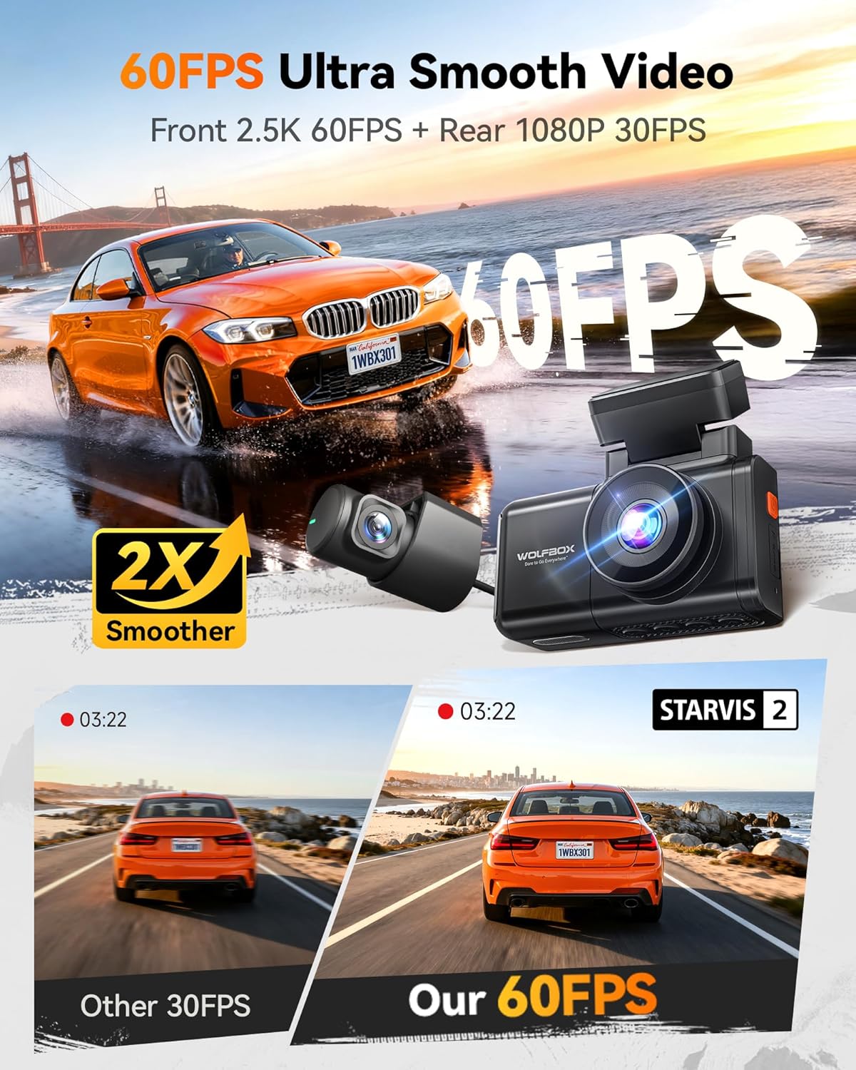 WOLFBOX X3 2.5K 1440P 60FPS Dash Camera, STARVIS 2 IMX675 with ADAS, 1440P+1080P Dual Dashcam Front and Rear Camera with Built-in 5.8GHz WiFi & GPS, 64GB Card, Touch Screen, G-Sensor, Loop Recording