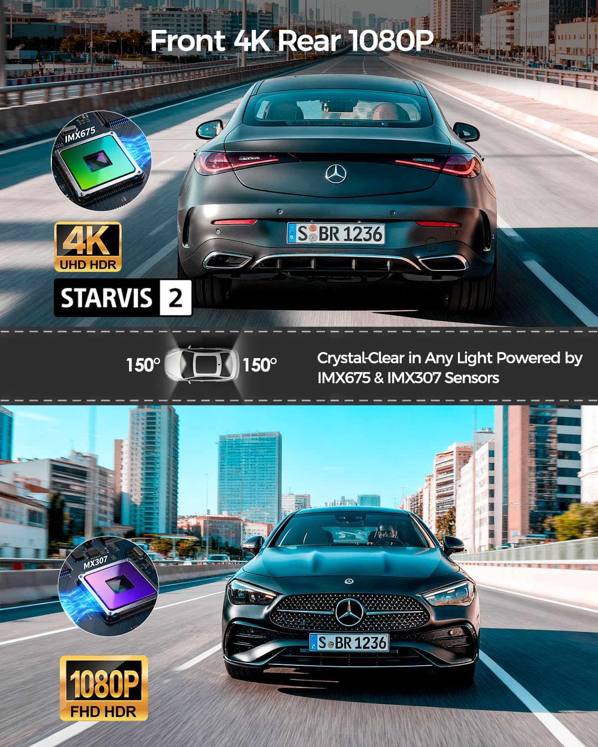 4K Dash Cam Front and Rear STARVIS 2 IMX675 & IMX307 Dual HDR, 4" Touch Screen Dash Camera Built-in GPS 5G WiFi, Car Camera with 64G Card, Voice Control, Night Vision, Parking Mode V100-2CH
