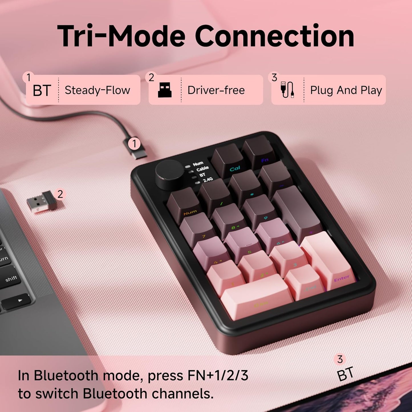 EWEADN NK20 Wireless Retro Mechanical Numpad with Knob, Bluetooth/2.4GHz/USB-C Connect with RGB Backlight Hot Swappable Number Pad, 20-Key Rechargeable External Num Pad for Win, Mac, Black Berry Pink