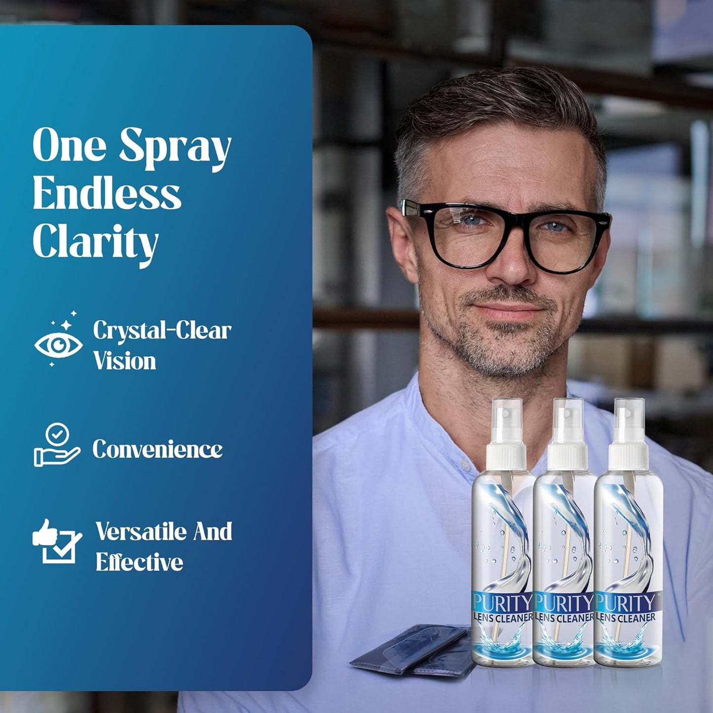Purity Eyeglass Lens Cleaner Spray Kit - 3 x 8oz Lens Cleaner Spray Bottle + 2 Microfiber Cloth for Cleaning - Safe for All Lenses (AR Coated Included), Eyeglasses and Screens