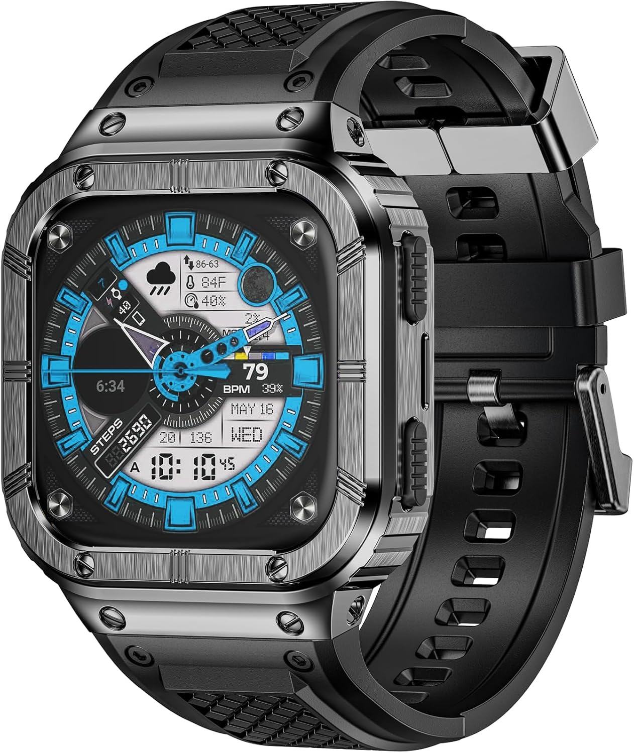 MioHHR Stainless Steel Case and Band Compatible with Fitbit Versa 4/3/2/Lite/Sense/Sense 2 Bands with Metal Case, Rugged Sports Protector Cover Silicone Wristbands for Men, Grey