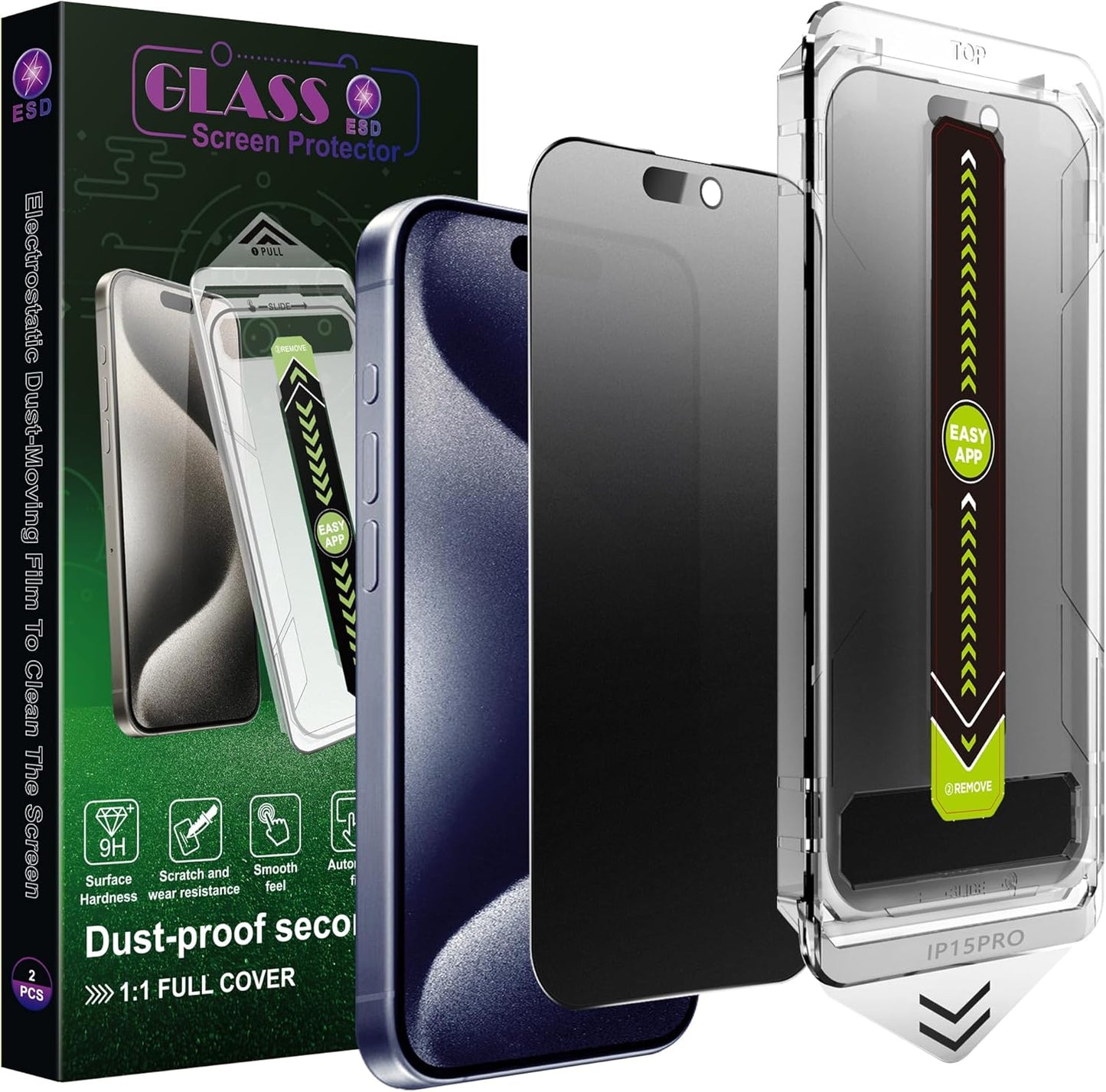 (2-Pack Matte Privacy Anti-Spy Screen Protector for iPhone 15 Pro (6.1-Inch),9H Tempered Glass,Anti-Glare,Full Coverage,Anti-Fingerprint,Auto Dust Removal,Bubble-Free