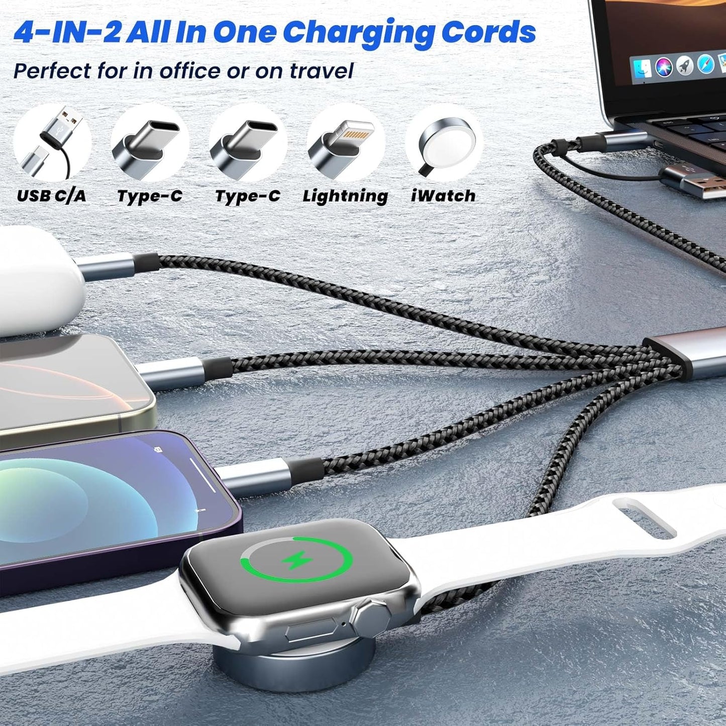 Travel Essentials 4 in 2 Dual Type C Multi Charging Cable for Apple Watch Charger,USB A/USB C Multiple Charger Cable/Cord for All Devices Compatible with iWatch Ultra/SE/10-1,iPhone 16-11 and More-5FT