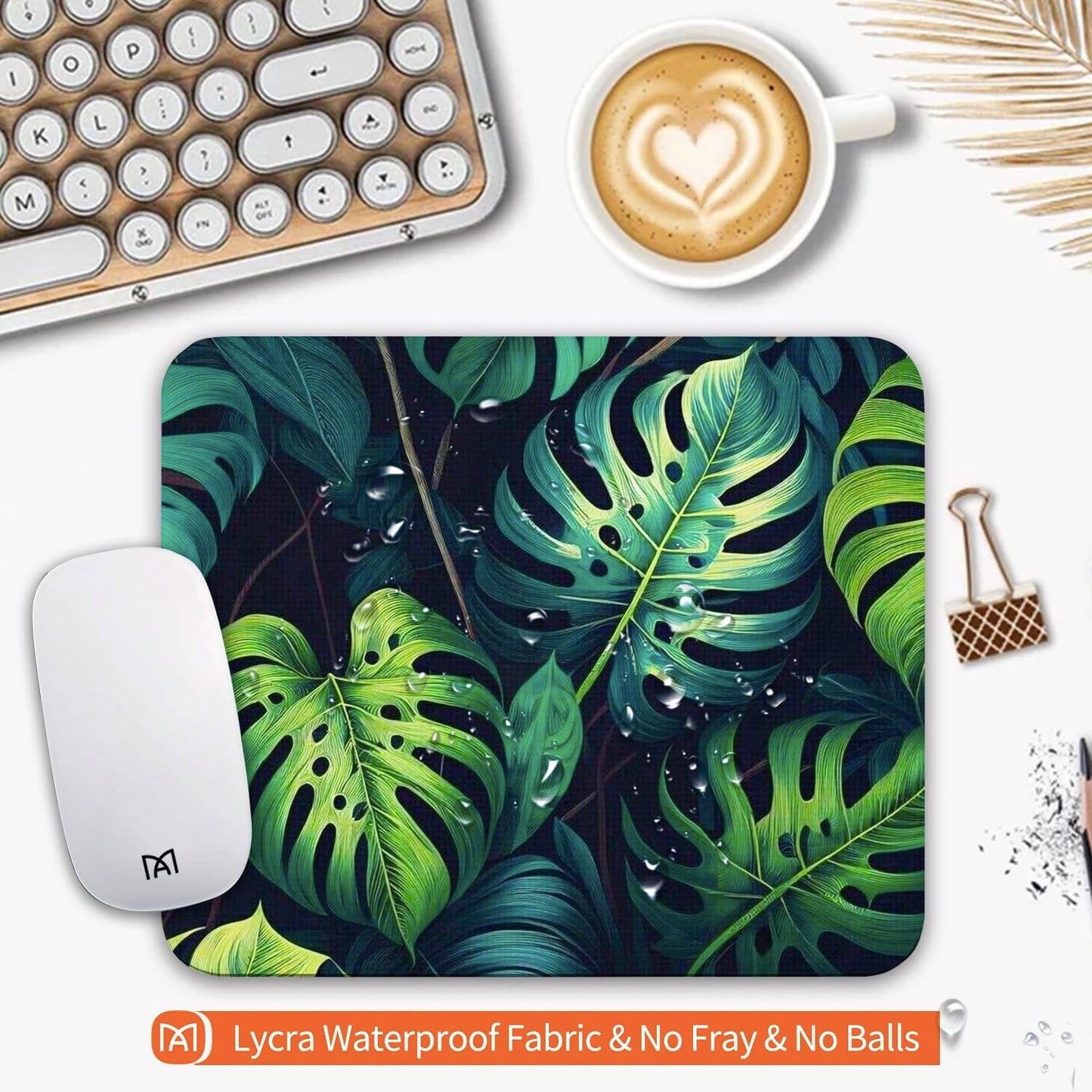Square Mouse Pad Green Leaves, Personalized Premium-Textured Custom Mouse Mat Design, Washable Mousepad Cloth, Non-Slip Rubber Base Computer Mouse Pads for Wireless Mouse
