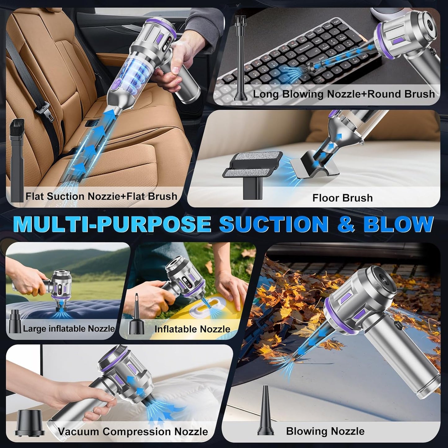 Car Vacuum Portable Cordless, 18000pa Mini Vacuum Cleaner, 4 in 1 Handheld Vacuum Cordless Rechargeable, 120W High Power Hand Held Vacuum Cleaner With LED Light Multi-nozzles for Car Home Office Pet