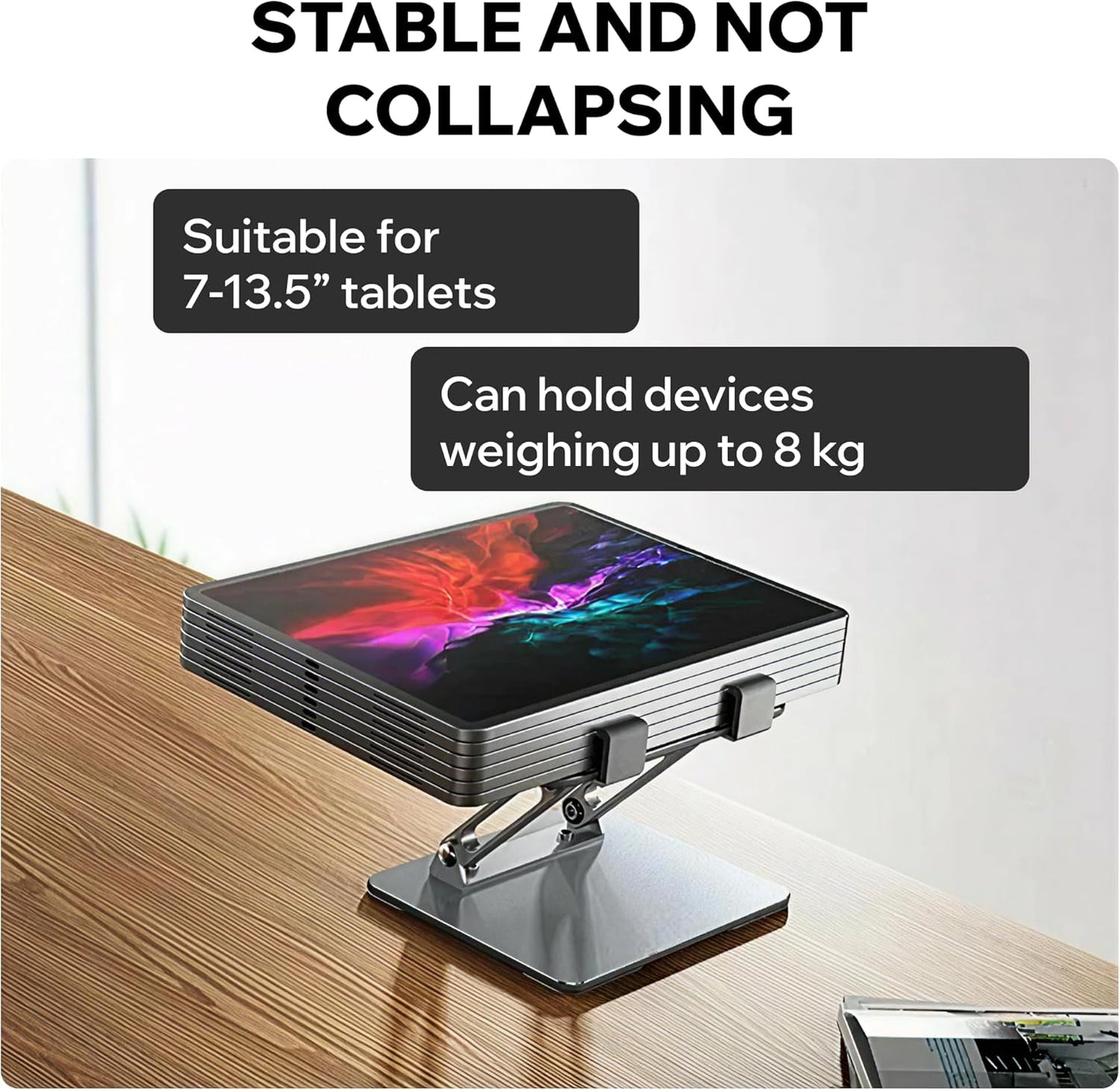 Foldable Aluminum Tablet & Phone Stand — Adjustable Height & Angle, Portable Desk Holder with Anti-Slip Pads for iPad, iPhone, Kindle, Smartphones & Tablets, Helping Reduce Neck and Eye Strain