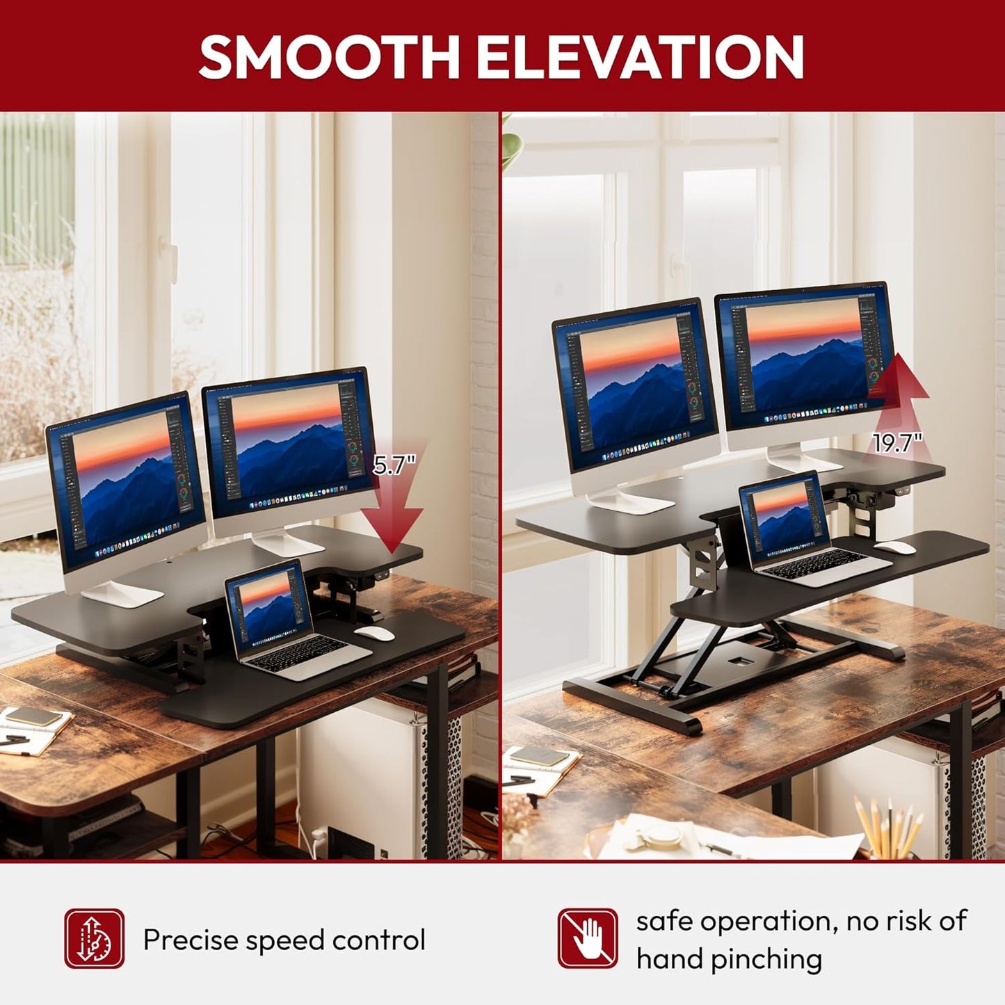 SANODESK 42" Electric Standing Desk Converter, Height Adjustable Riser for Office Home,Dual Monitor and Laptop Workstation with Large Keyboard Tray,Black Color