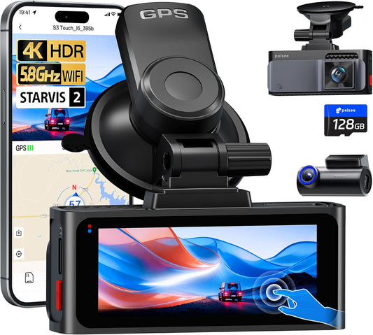 Pelsee 4K Dash Cam Front and Rear, STARVIS 2 Sensor, Dash Camera for Cars with Full-Color Night Vision, 128GB Card, 48H Parking Mode, Voice Control & WiFi, 3.39"Car Dash Camera, HDR ADAS GPS S3 Touch