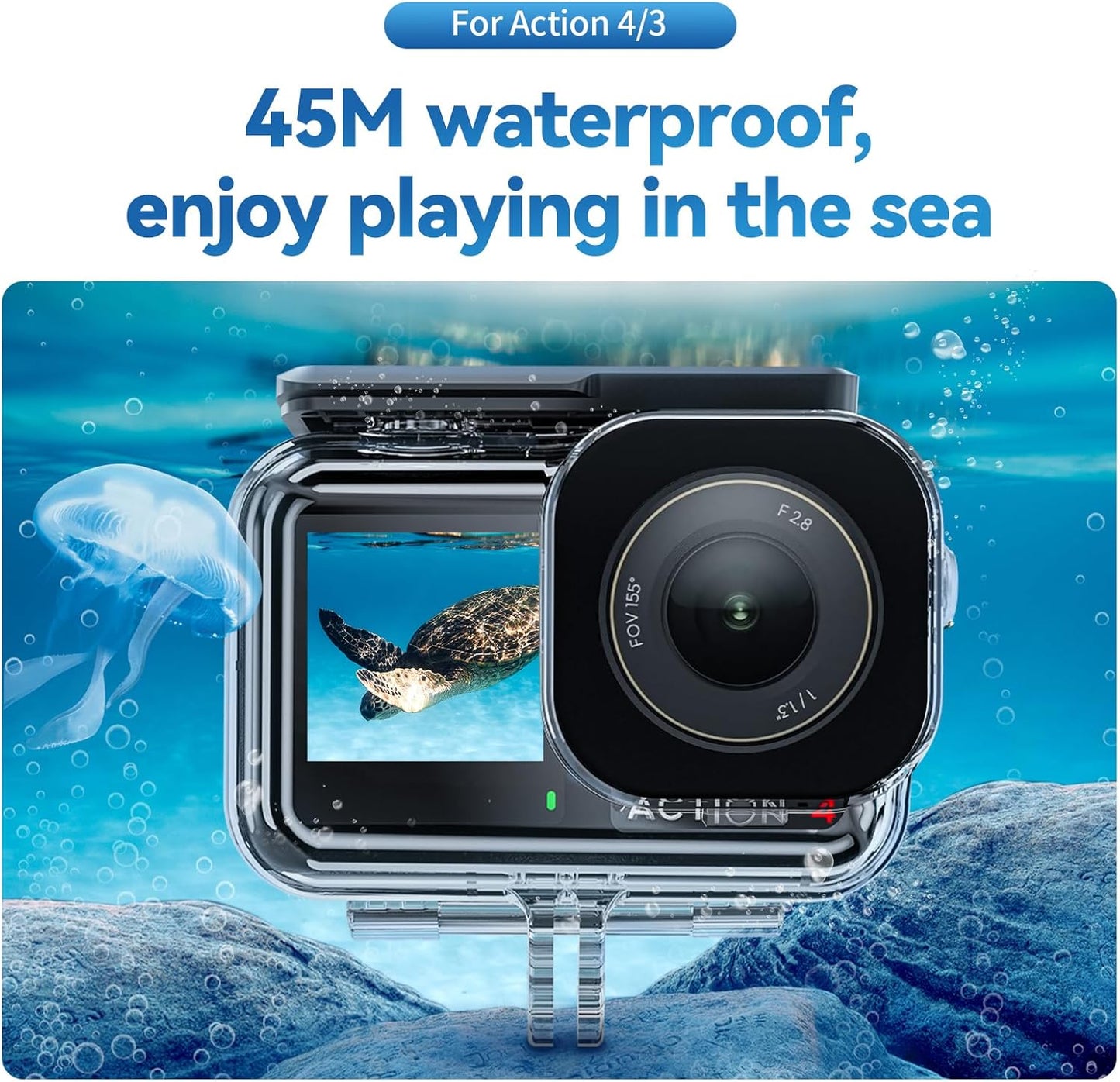 TELESIN Waterproof Case for DJI Action 5 Pro Action 4/3 Camera, with Anti-Fog Underwater Housing Shell Cage Supports 45M/148FT Deep Diving Scuba Snorkeling Swimming with Quick Release Screw