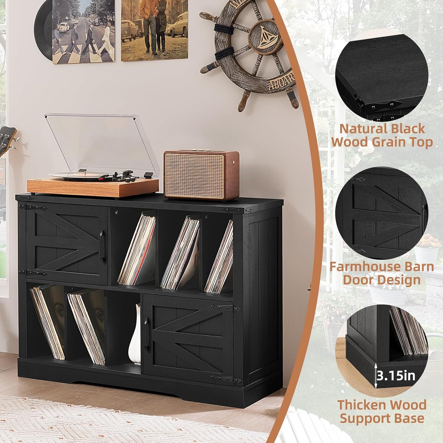 Large Record Player Stand with Vinyl Storage Up to 450 Albums, 39 Inch Farmhouse Wood Black Vinyl Records Storage Cabinet with Barn Doors, Mid-Century Modern Turntable Stand for Living Room