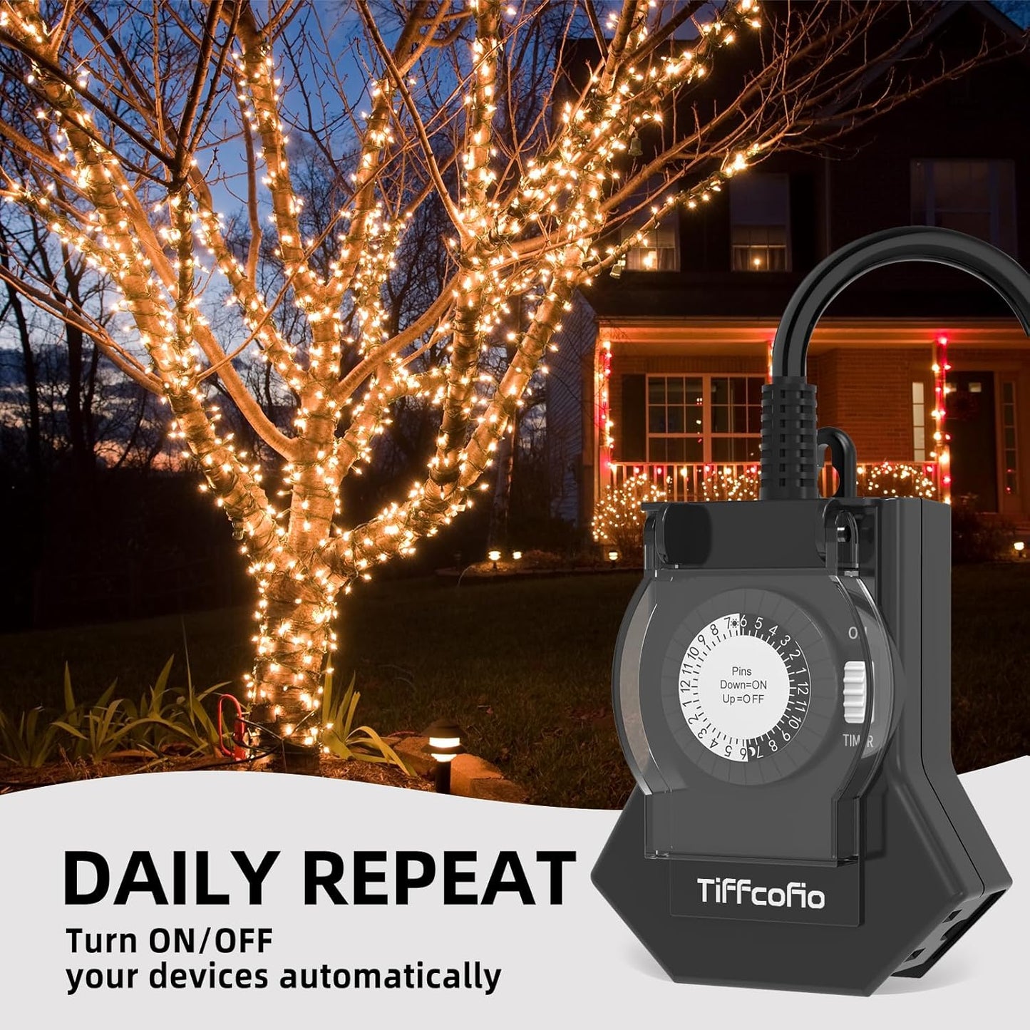 Outdoor Timer Outlet Waterproof, 24 Hour Mechanical Light Timer Outdoor, 2 Grounded Outlets for Home and Garden, 15A 1/2HP, Heavy Duty, ETL Listed (1 Pack)