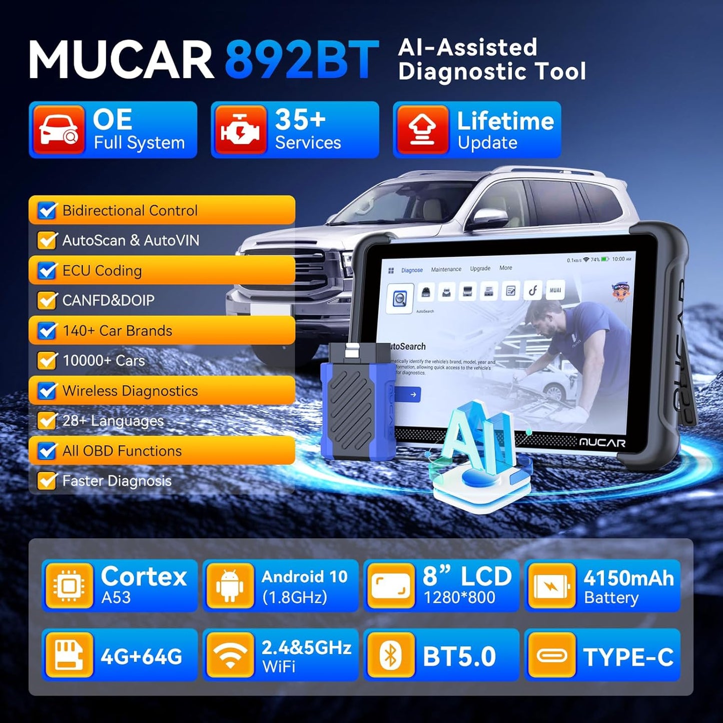 MUCAR 892BT AI-Assisted Bidirectional Scan Tool, Full System OBD2 Scanner, Bi-Directional OBD2 Scanner Diagnostic Tool,ECU Coding, 35 Services, FCA Autoauth, CANFD and DOIP, Free Lifetime Upgrade