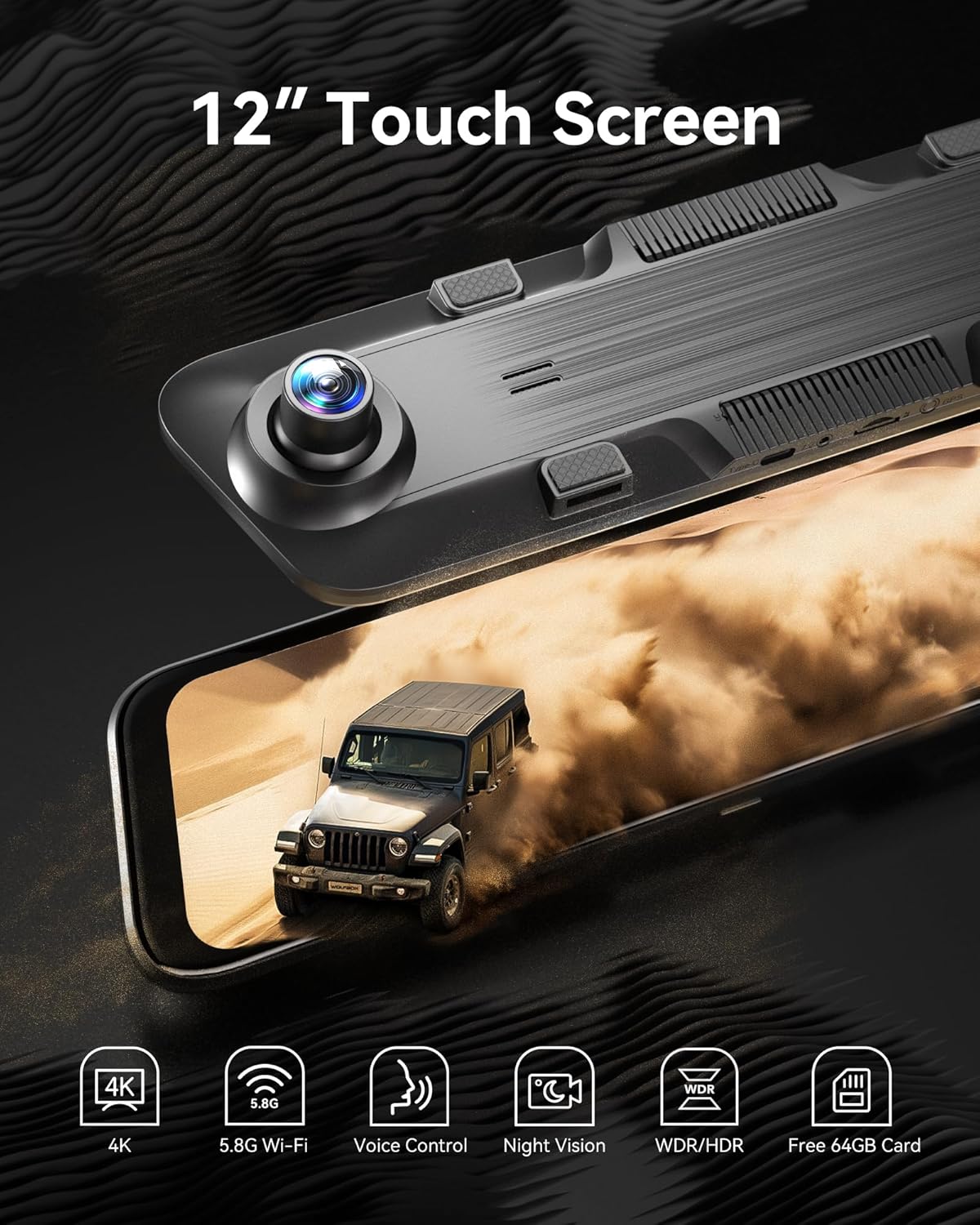 WOLFBOX 12" 4K Rear View Mirror Camera with 5.8GHz WiFi and Voice Control, Smart Mirror Dash Cam Front and Rear, Backup Camera with 1080P Rear Camera, Dash Cam with WDR, Includes 64GB Card & GPS
