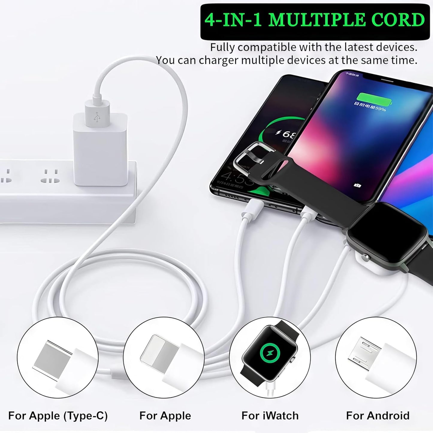 4 in 1 Watch & Phone Charger Cable, Multi Charging Cord, Fast Magnetic Cable USB Type C for Apple Watch, iPhone, Pods, Android & More / 3.3ft