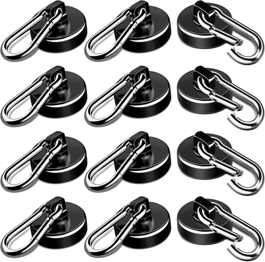 LOVIMAG Strong Magnetic Hooks, 70LBS Magnetic Hooks Heavy Duty Strong Neodymium Magnets with Carabiner Hook, Magnet Hooks with Swivel for Kitchen, Hanging, Cruise, Grill, Refrigerator - 12 Pack Black