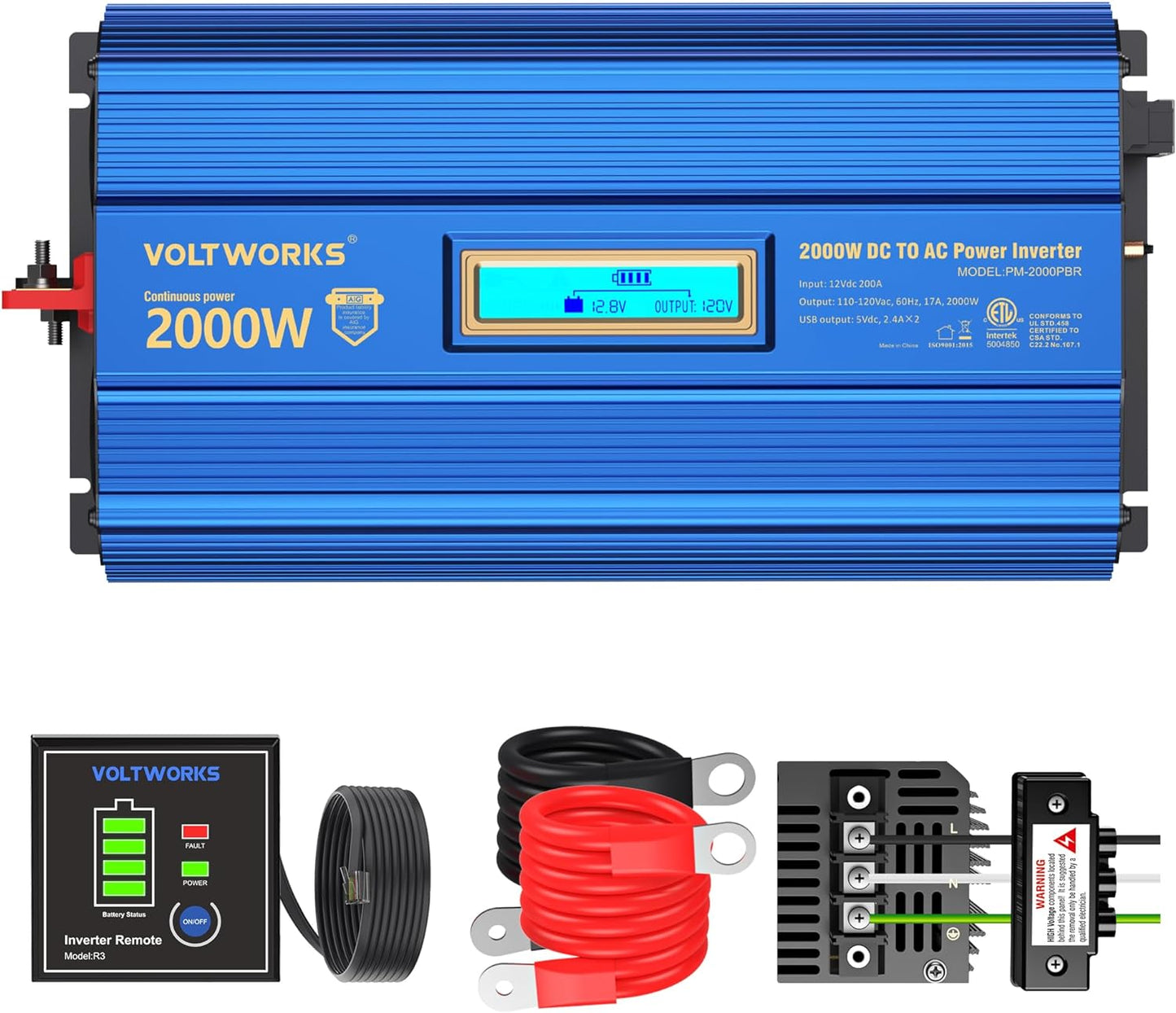 Power Inverter 2000w DC 12V to AC 120V ETL UL458 Compatible with Lithium Battery for Off-Grid Solar Car RV Truck Boat with LCD Display Remote Control 2 AC Outlets Dual 2.4A USB Ports by VOLTWORKS