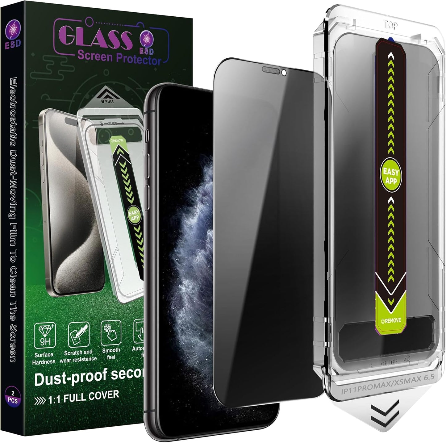 (2-Pack Anti-Spy Privacy Screen Protector for iPhone 11 Pro Max/XS Max(6.5-Inch),9H Tempered Glass,Full Coverage,Anti-Fingerprint,Auto Dust Removal,Bubble-Free,Easy Installation
