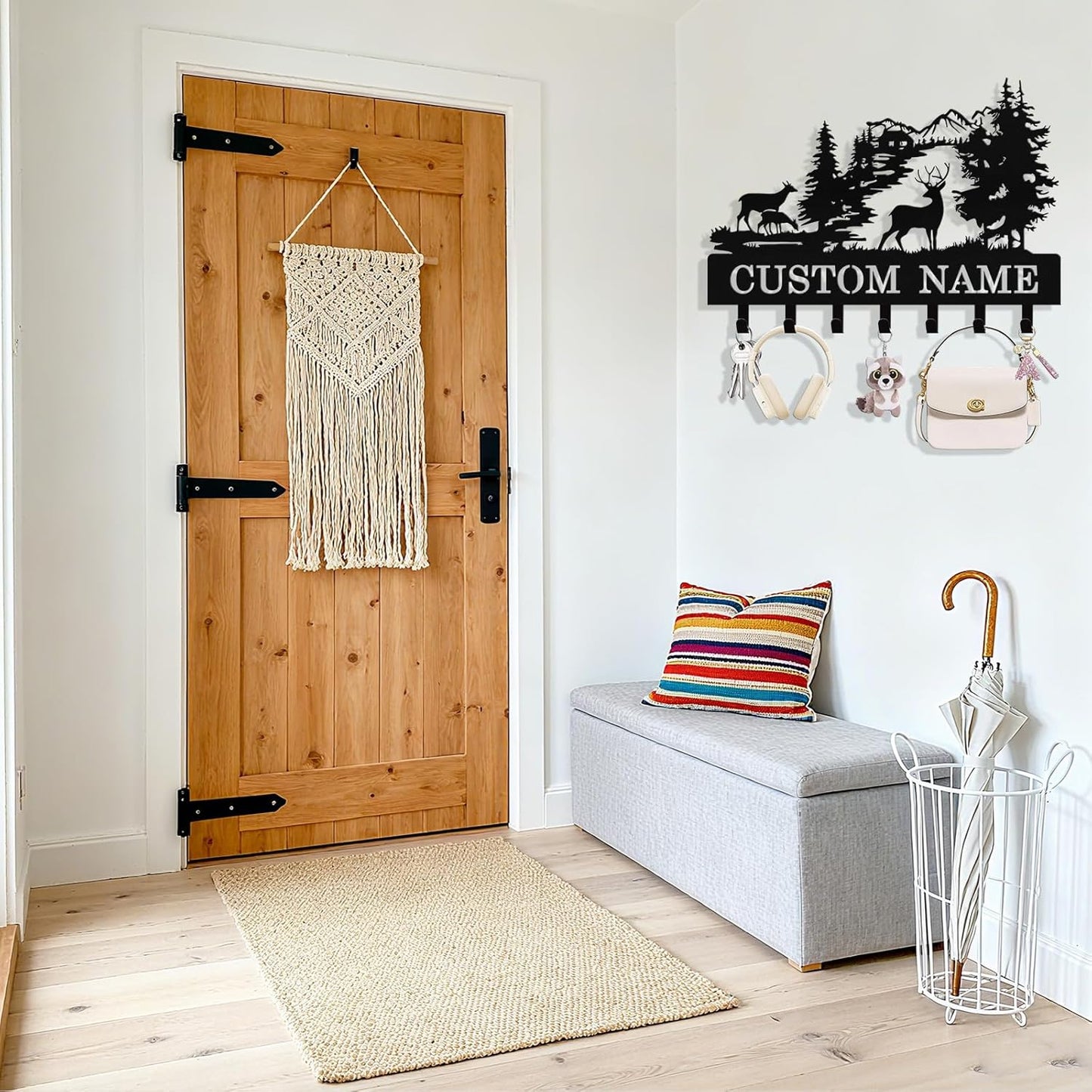 Personalized Deer Key Holder Wall Mount, Custom Metal Key Rack Key Holder with Name, Deer Cabin Wall Keys Hanger with Hooks for Entryway, Front Door, Hallway, Kitchen, Living Room