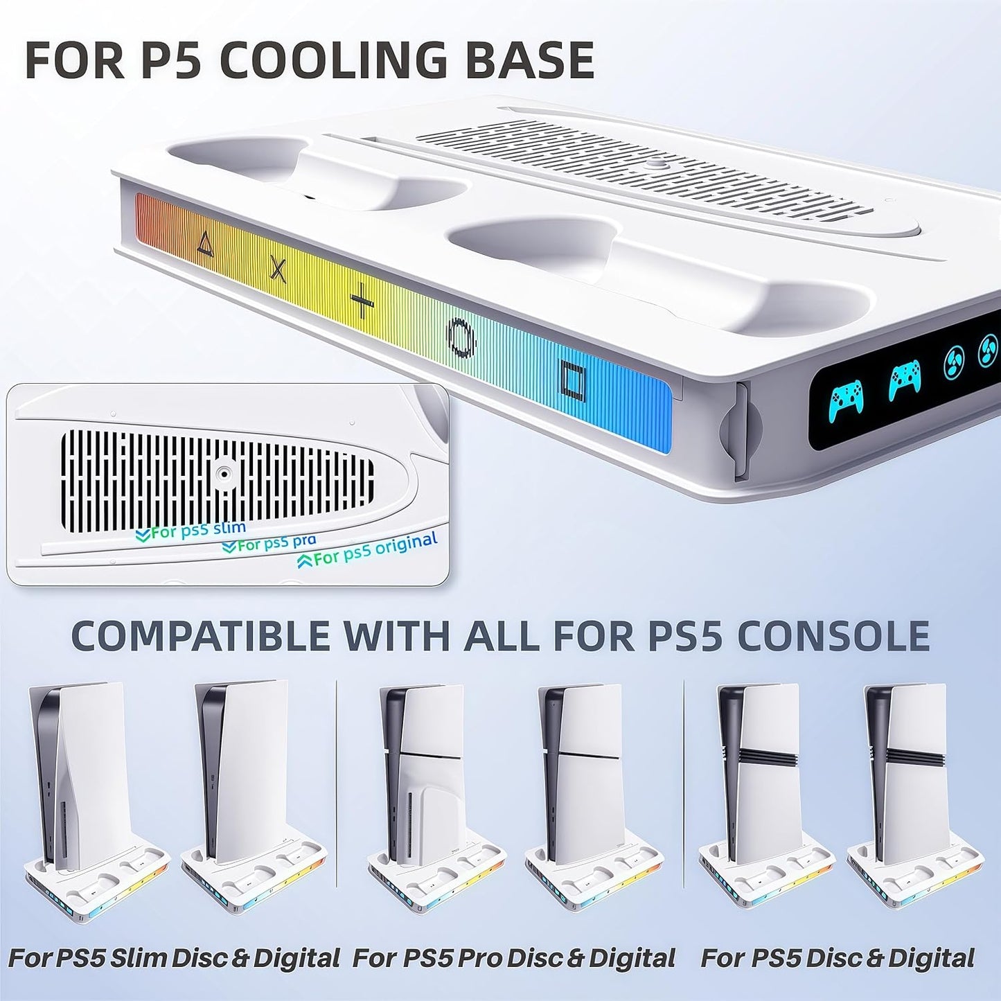 ZYTHRONE PS5/Pro/Slim Stand for Disc & Digital Console, PS5 Cooling Station with Dual Controller Charger for Playsation 5, RGB Light, Cooling Fan, Headset Holder,DIY