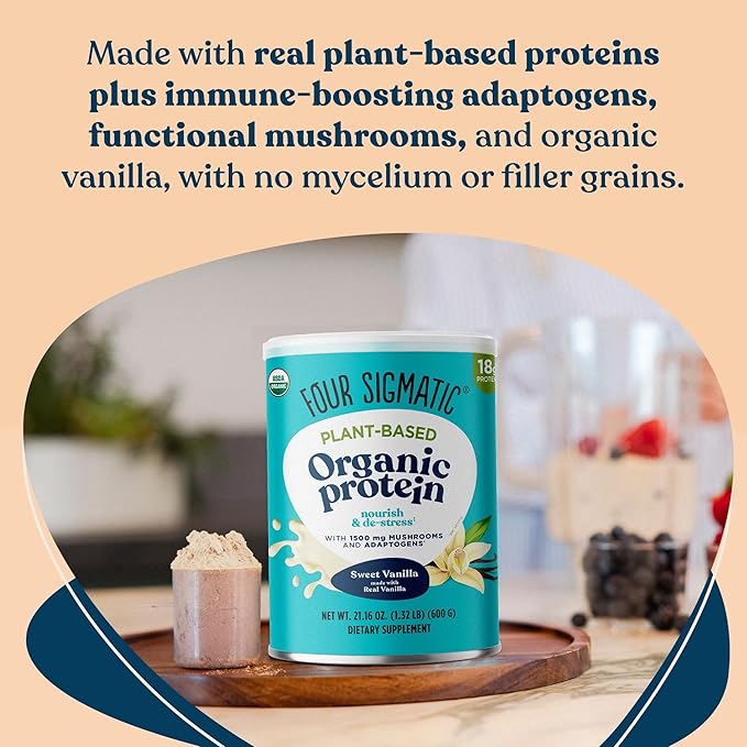 Four Sigmatic Organic Vegan Protein Powder | 18g Plant-Based Protein per Serving | Gluten Free, Dairy Free, Soy Free, Non-GMO with No Filler Ingredients | 21.16oz, 15 Servings | Sweet Vanilla