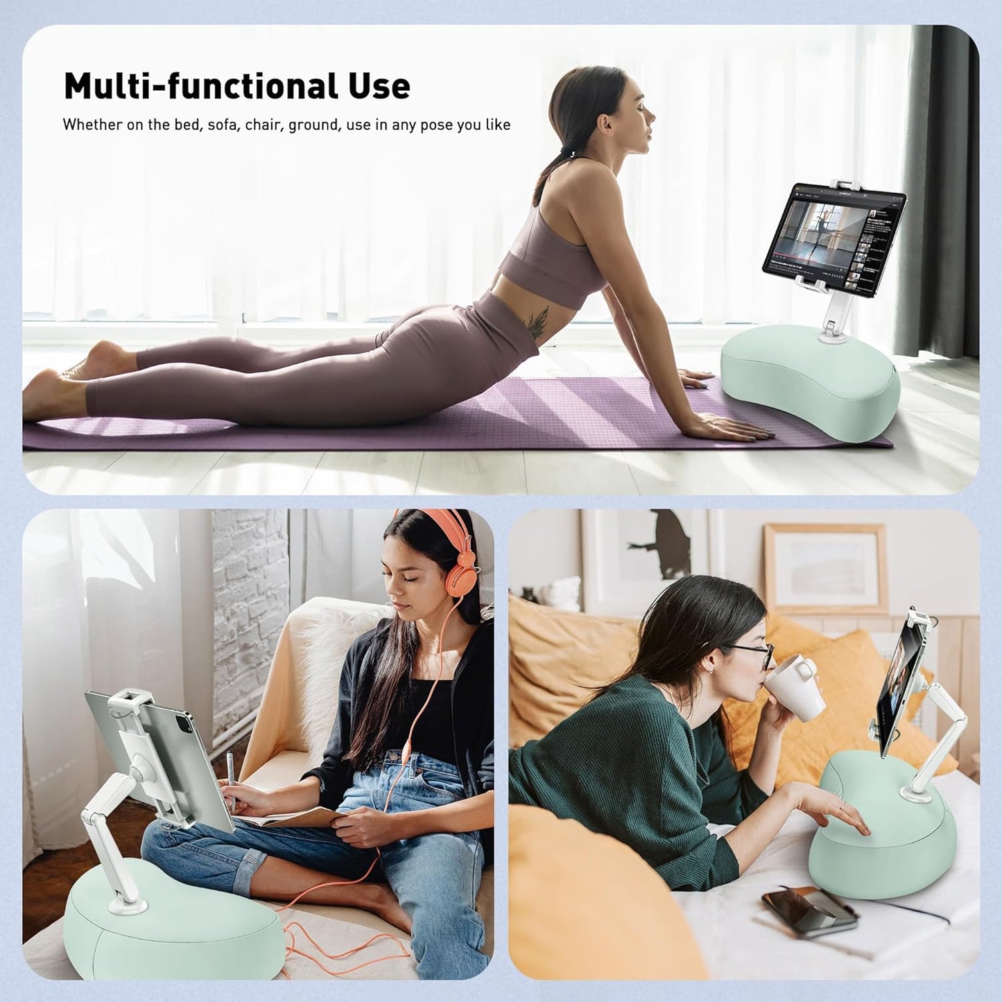 AboveTEK Tablet Pillow Stand for Bed, Hands-Free 360° Adjustable iPad Pillow Holder for Lap Reading w/Soft Bean Bag, Ideal Gift for Mom, Fits 4.7" to 12.9" Tablet, Phone, Kindle - Cyan