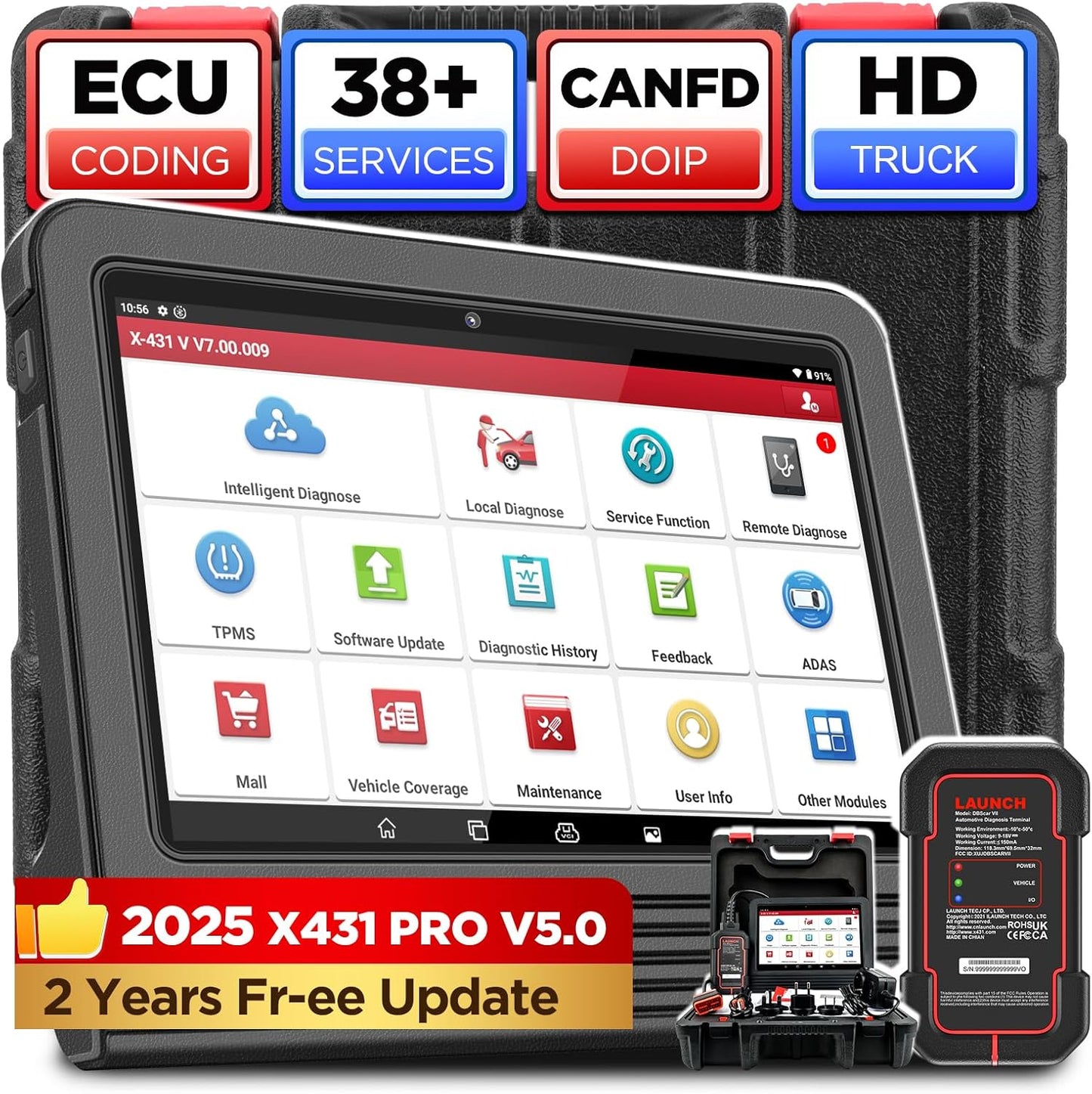 LAUNCH X431 Pro V5.0 2025 New Generation Automotive Diagnostic Scanner Tool, OEM Bluetooth Bidirectional OBD2 Scan Tool with CANFD & DOIP, 38+ Special Functions for All Cars