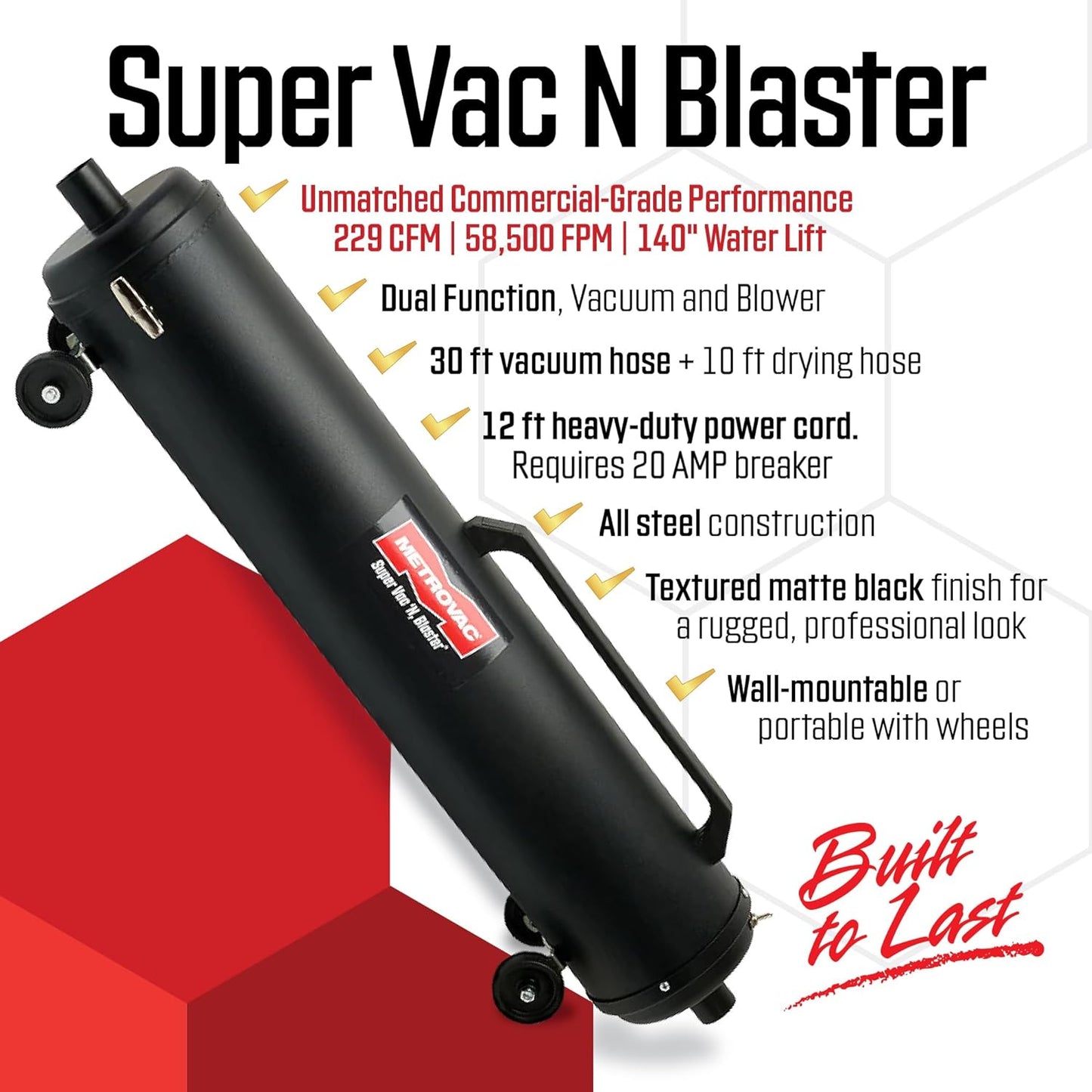 MetroVac Super Vac N Blaster Vacuum: Super Vac N Blaster 8.0 Peak HP, Model SVNB: Full Size Vac N Blaster 8.0 Peak HP Vacuum Clean