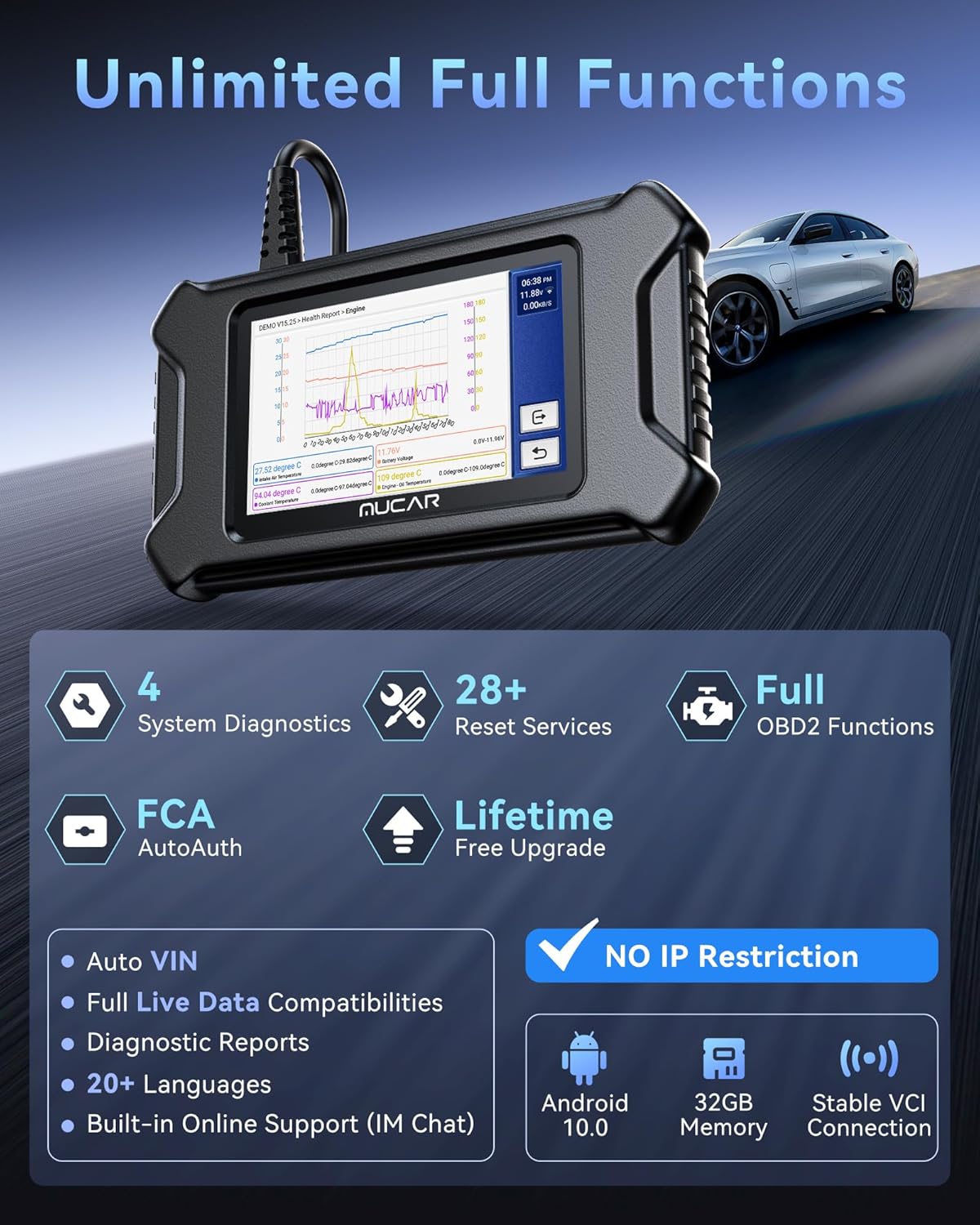 MUCAR CS90 OBD2 Scanner Diagnostic Tool with 28+ Reset Service, Engine Powertrain Car Scanner, ABS Code Reader, SRS Scan Tool for Cars, Auto VIN, Lifetime Free Update