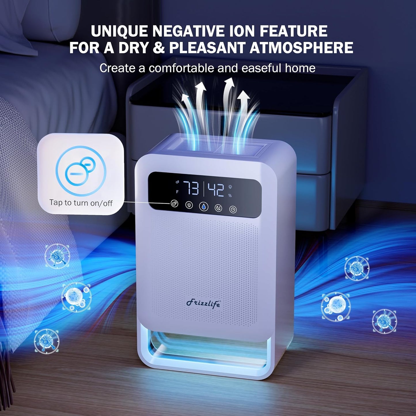 Frizzlife DH80 Air Dehumidifier, 135oz Water Tank W/Purifying Function, Quiet Small Dehumidifiers With Sleep Mode For Home, Bedroom, Bathroom, Basement W/Auto Shut Off, 7 Colors LED Light, White