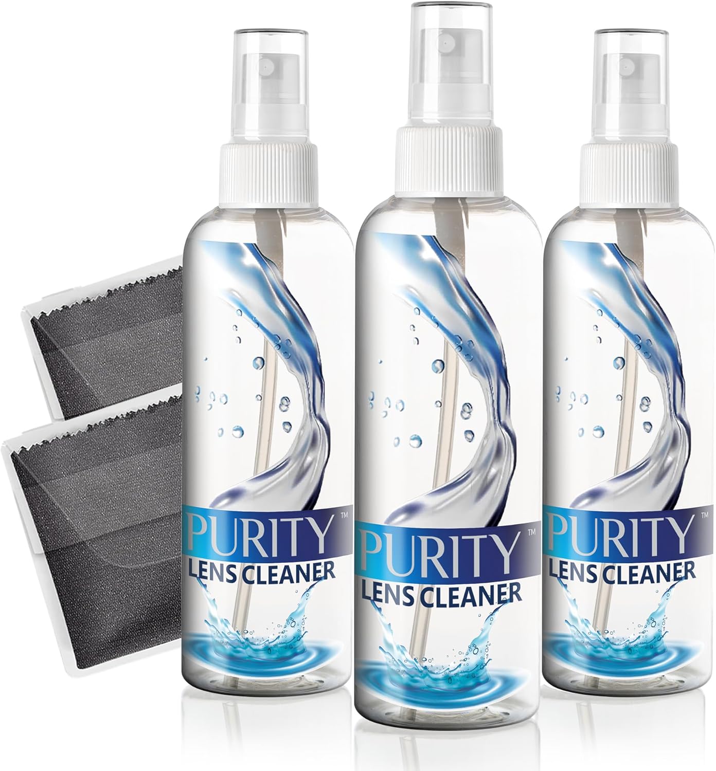 Purity Eyeglass Lens Cleaner Spray Kit - 3 x 8oz Lens Cleaner Spray Bottle + 2 Microfiber Cloth for Cleaning - Safe for All Lenses (AR Coated Included), Eyeglasses and Screens