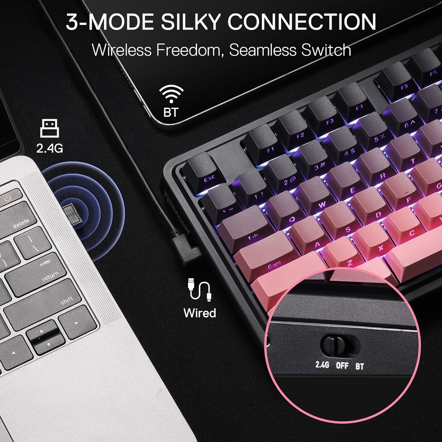 Redragon K728 PRO 80% Wireless Gasket Gaming Keyboard, 3-Mode 87 Keys TKL Mechanical Keyboard w/South-Facing LED & Hot-Swap Socket, 5-Layer Noise Dampening, Custom Linear Switch, PBT Gradient Keycaps