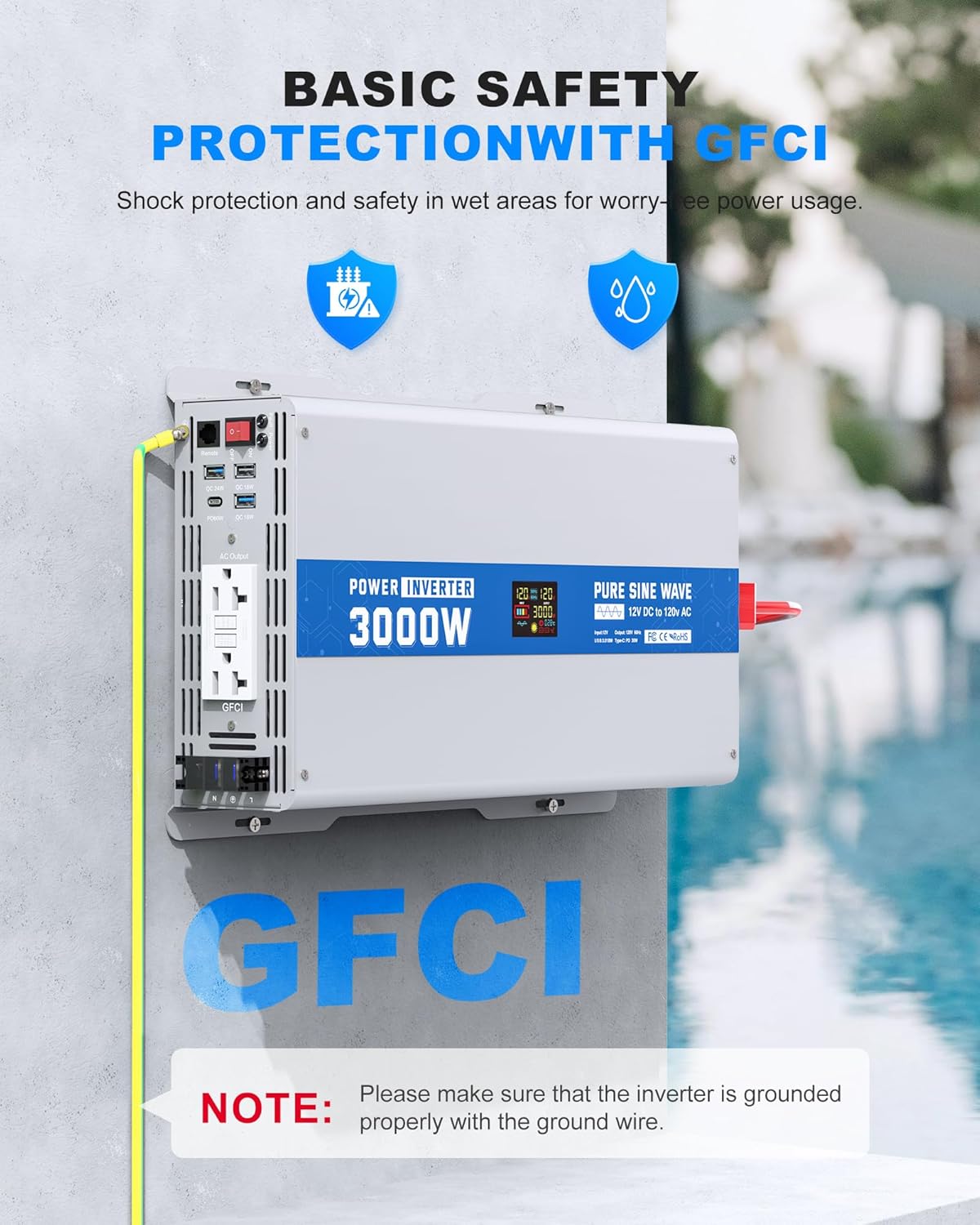 3000W Pure Sine Wave Power Inverter 12V DC to 120V AC Converter 6000 Watt Peak Power Multi-Display Screen with 2 GFCI Outlet 30W USB and 18W Type-C for Car RV Truck Boat Off-Grid, Gray Blue