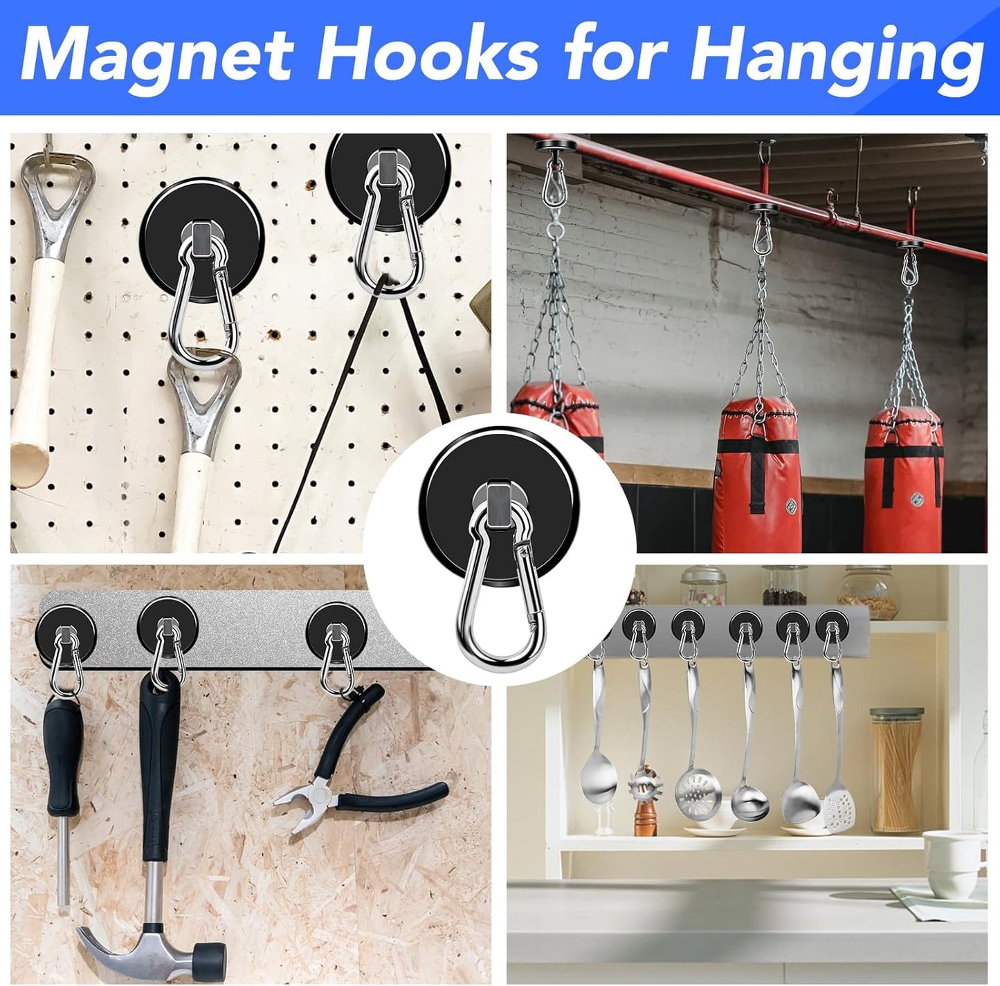 LOVIMAG Strong Magnets with Hooks, 200LBS+ Heavy Duty Magnets with Epoxy Coating for Cruise, Magnetic Hooks with Swivel Carabiner Hook, Powerful Neodymium Magnet for Hanging, Kitchen,Garage-2 Pcs