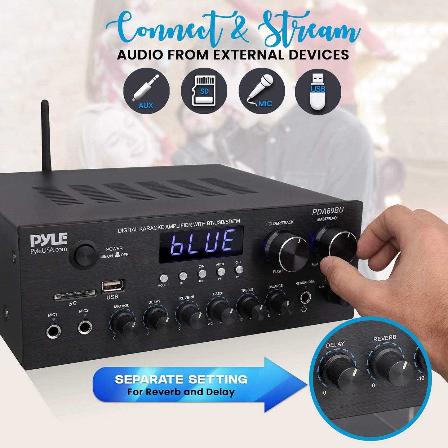Pyle Stereo Amplifier Audio Receiver with Remote Control - Bluetooth Streaming, MP3/USB/SD/FM Radio, 2.0 Channel HiFi Sound System with RCA/Aux Inputs, Microphone & Headphone Jacks, Adjustable Bass