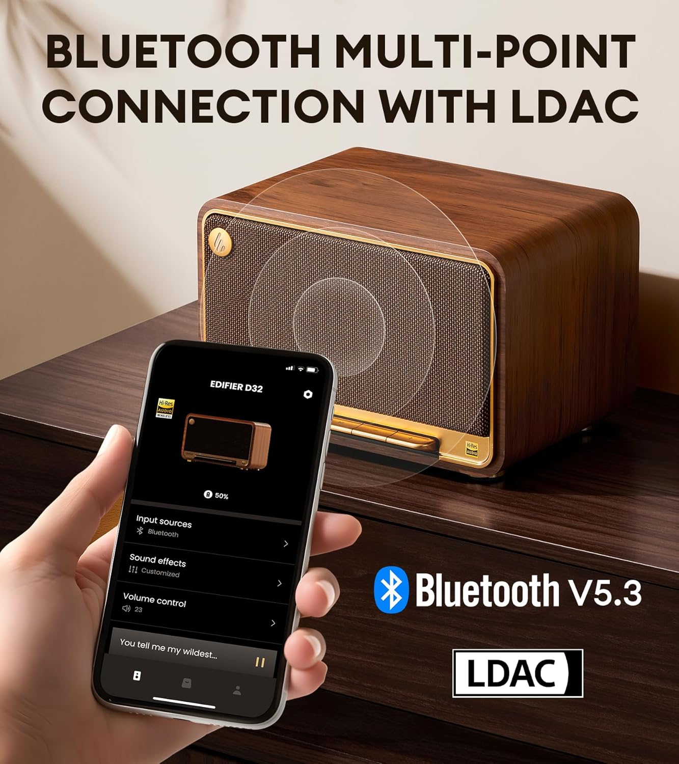 Edifier D32 Tabletop Wireless Speaker, Hi-Res Audio, LDAC, ALAC, 60W (RMS), 2.1 Acoustic Architecture, 11h Playtime, APP Control, Bluetooth 5.3, AirPlay2, USB-C and AUX Inputs, Brown