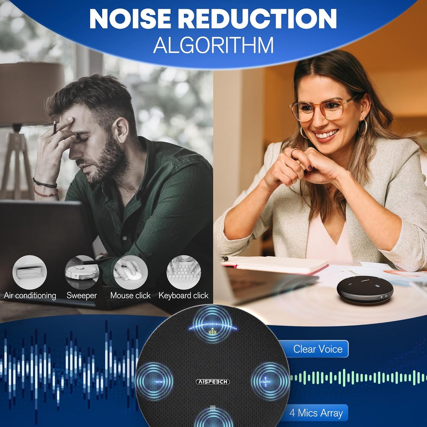 M4 Pro Speakerphone, Conference Microphone with Directional Voice Pickup, Enhanced Voice Pickup, AI Transcription, AI Noise Reduction, USB C, Bluetooth Speakerphone for Personal Workspaces