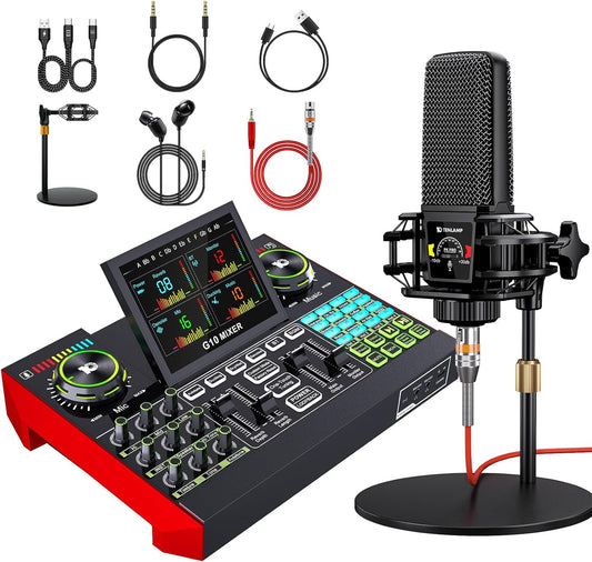 Podcast Equipment Bundle with 3.5mm Microphone and Live Sound Card, Audio Interface Mixer Sound board, Podcast Microphone Bundle for PC/Phone, Gaming, Recording, Streaming, Singing, Voice Changer