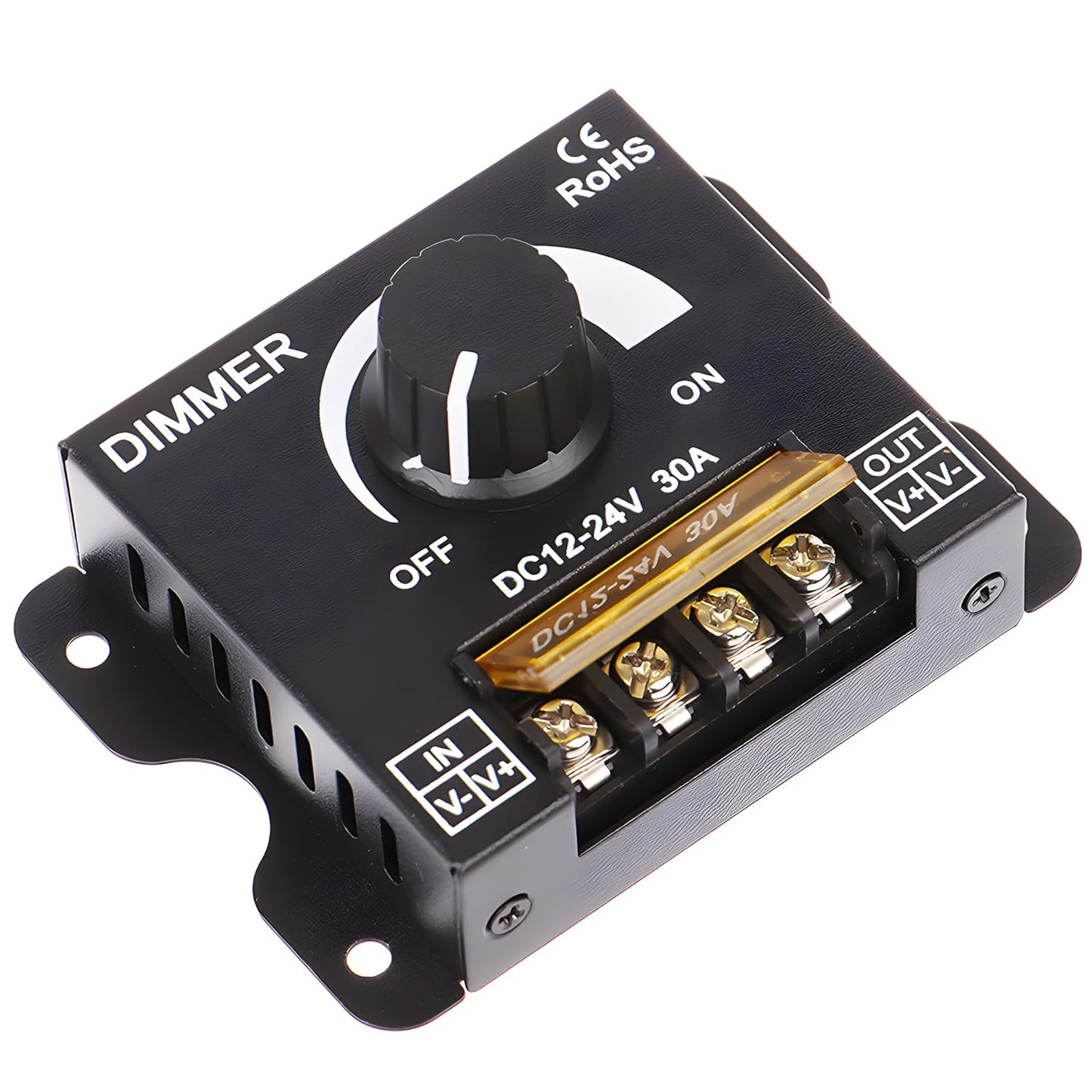 MAYWILLA LED Light Strip Dimmer Controller,DC 12V-24V 30A PWM Stepless Dimming Switch with Adjust Brightness ON/Off Knob and Aluminum Case for Single Channel 5050 3528 LED Light Strip