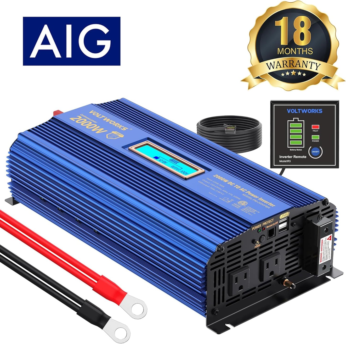 Power Inverter 2000w DC 12V to AC 120V ETL UL458 Compatible with Lithium Battery for Off-Grid Solar Car RV Truck Boat with LCD Display Remote Control 2 AC Outlets Dual 2.4A USB Ports by VOLTWORKS