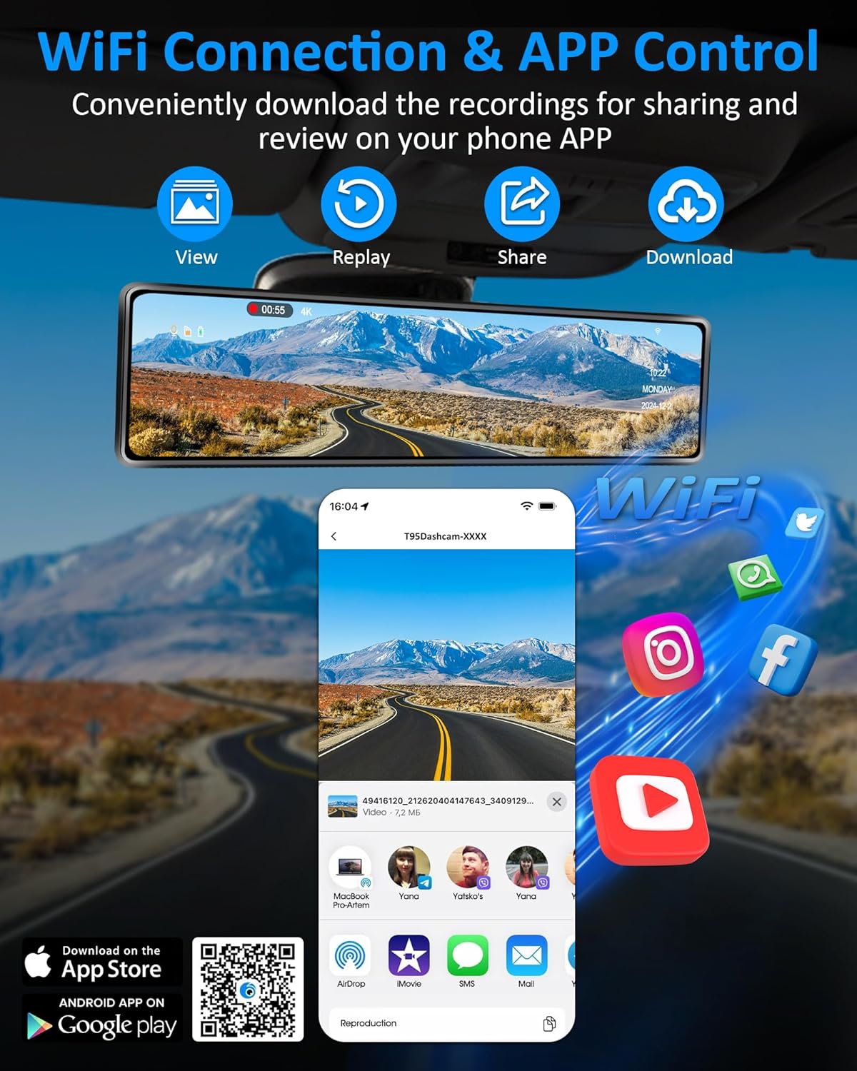 WiFi 4K Rear View Mirror Camera 12" Mirror Dash Cam Front and Rear w 64G TF Card WDR & HDR Night Vision Loop Recording 24H Parking Assistance Rear View Mirror Dash Cam 2160P