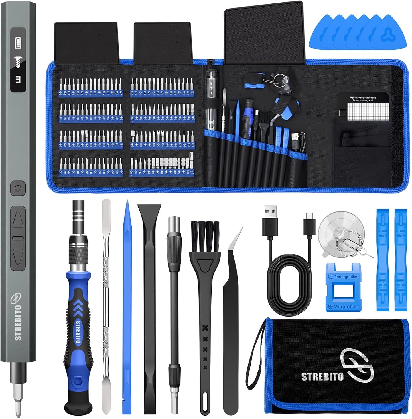 STREBITO 144-Piece Upgraded Electric Screwdriver, Max 0.7 N.m, 120 Magnetic Bits, 5-gear Torque Adjustment, Precision Screwdriver Set, Repair Tool Kit for Tech, Electronics and PC, Gifts for Men