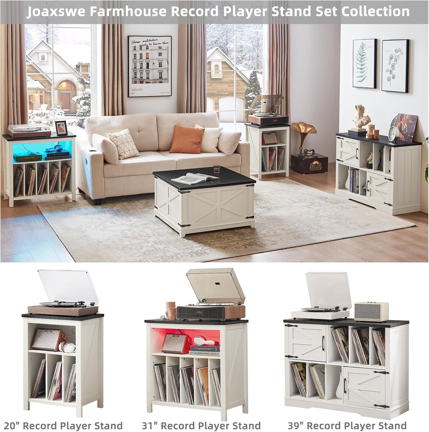 Large Record Player Stand with Vinyl Storage Up to 450 Albums, 39 Inch Farmhouse Rustic Wood White Storage Cabinet with Barn Doors, Vintage Mid-Century Turntable Stand for Bedroom, Living Room