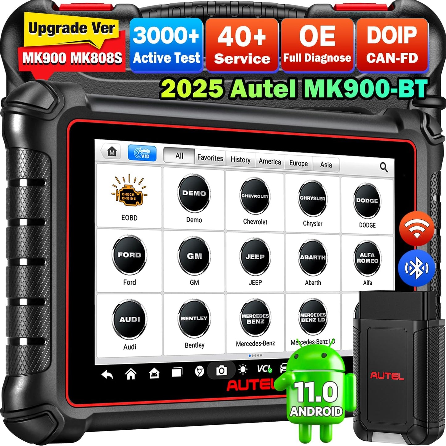 Autel Scanner MaxiCOM MK900BT, 2025 MK900-BT V2.0 Bidirectional Diagnostic Tool, 8in Up of MK900 MX900 MK808S MK808BT MX808S MK808Z, 3000+ Active Tests, 40+ Service, CAN-FD&DOIP, All System, FCA 11 OS