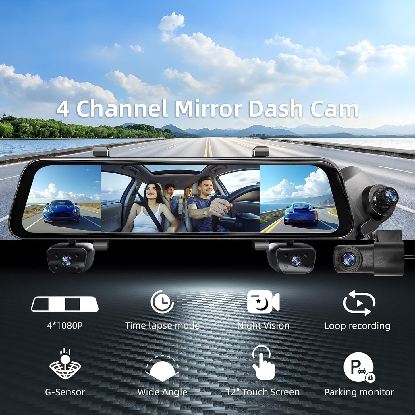 2025 Rear view Mirror Camera,4 Channel Mirror Dash Cam Front and Rear,24/7 Recording Rearview Mirror Backup Camera for Cars & Trucks,12" Touch Screen,Built-inWiFi,GPS,IR Night Vision,Free 64GB SD Card