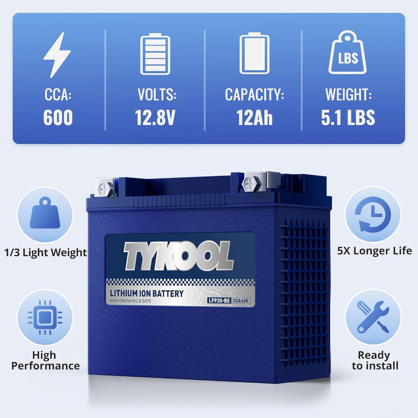 YTX20-BS/YTX20H-BS/GYZ20H Lithium LiFePO4 Motorcycle Battery, 600CCA,12Ah,Built in BMS, Powersports Battery,for ATV,UTV,Jet Ski,PWC,Snow mobile and Generator