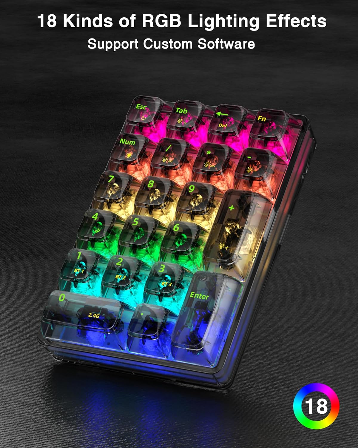 SOLAKAKA K21 RGB Backlit Tri-Mode Transparent Wireless Mechanical Number Pad Supports 3 BT/2.4GHz/Type C Wired,Hot Swappable 21 Keys Mechanical Numpad with Transparent Keycaps Black