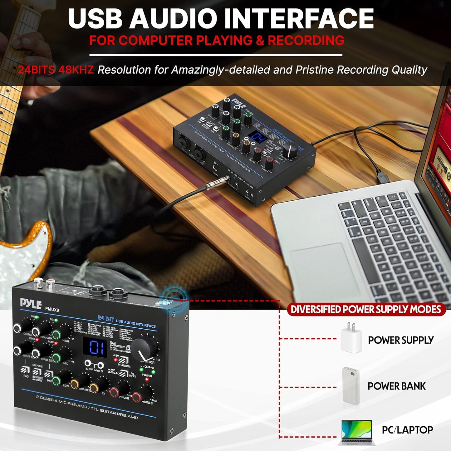 Pyle USB Audio Interface - MIC/LINE - Guitar - AUX Stereo & RCA Inputs - Preset 24 Digital Effects - Phantom Power - Phone/Stereo/Monitor/Headphone Outputs - For Computer Playing & Recording - PMUX9