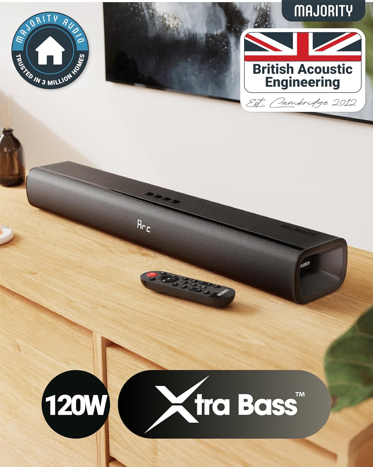 Majority Bluetooth 120W TV Sound Bar for Smart TV, 24 Inch, 2.1 Channel, 3D Sound with Built-in Subwoofer | EQ Control, HDMI Arc, Optical, AUX, Remote, and Wall Mountable Naga 60 Soundbar for TV